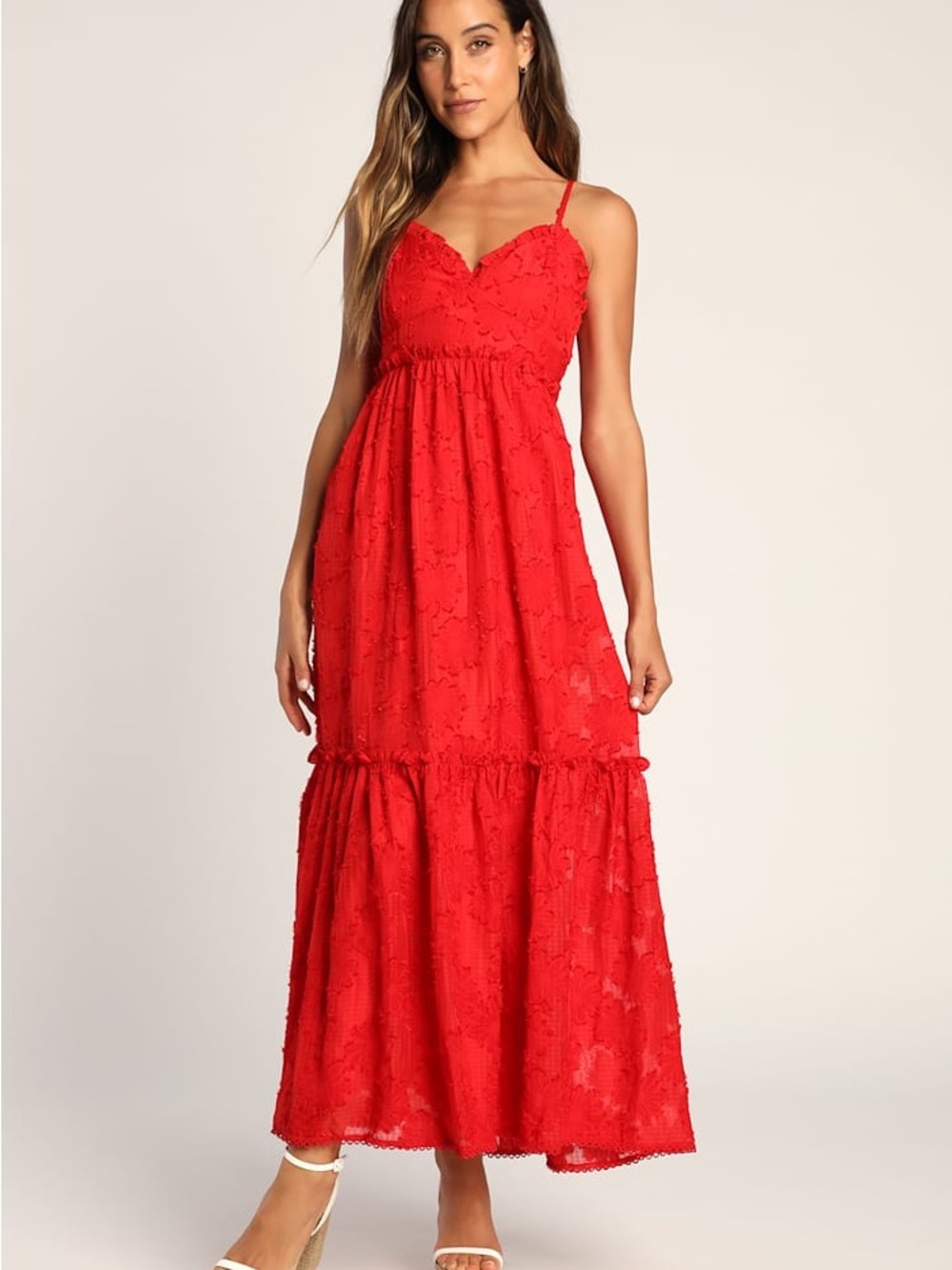 Lulus Red Floral Jacquard Ruffle Tiered Maxi Dress Romantic XS